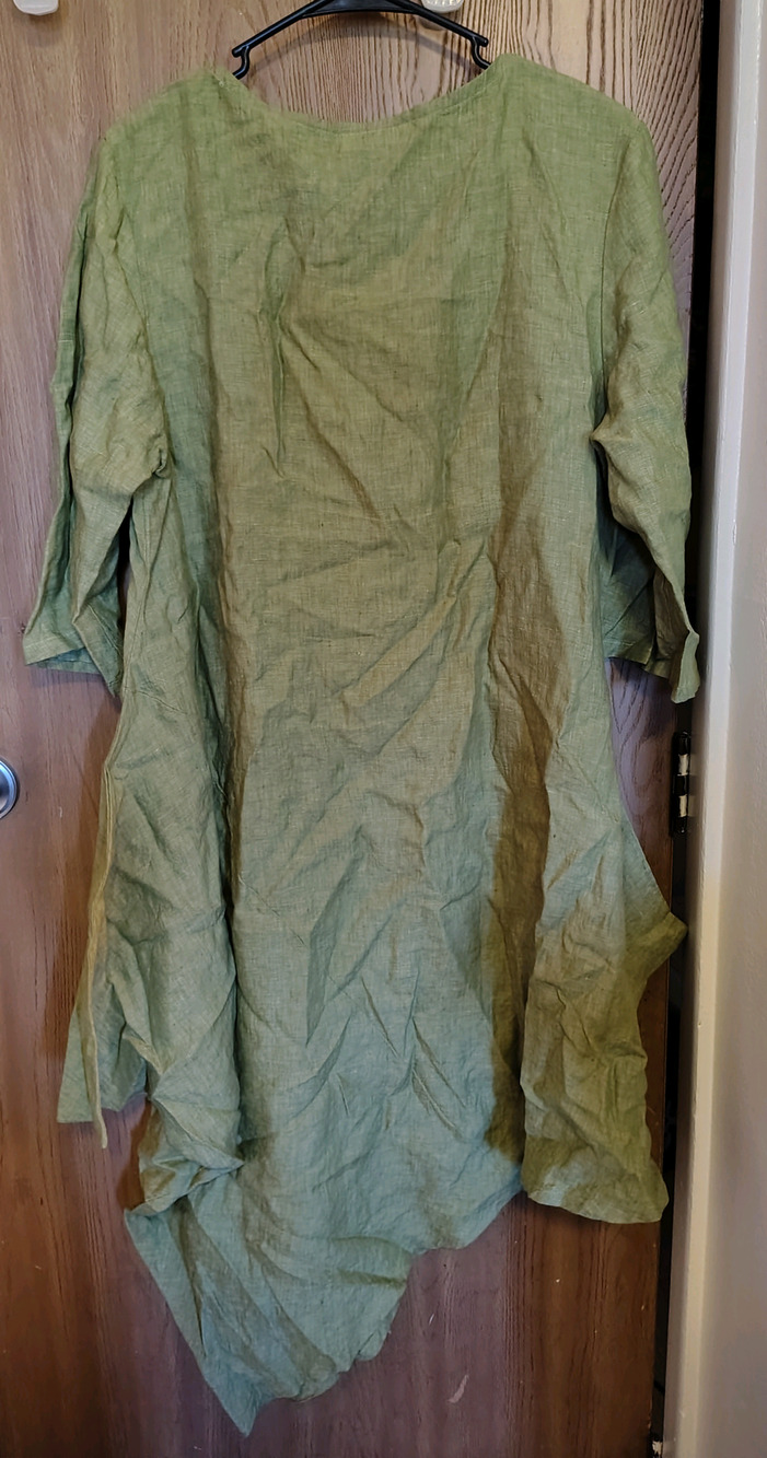 Bryn Walker Green Linen Dress tunic Asymmetrical Hem Lagenlook MidSleeve Loose M